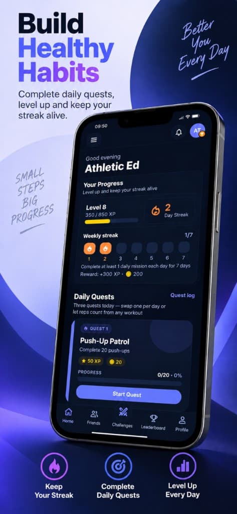 Athlete Arena daily quests and weekly streak screen